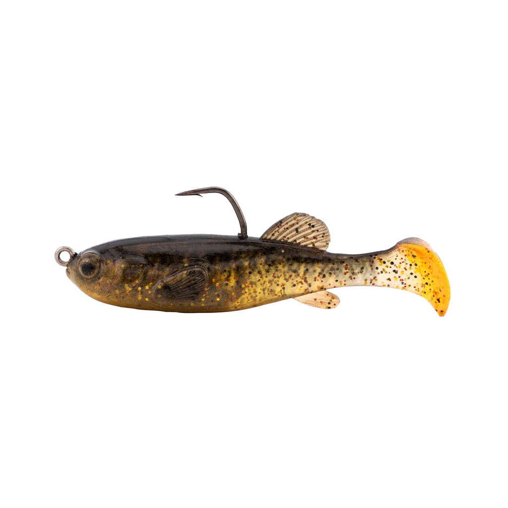 Fishing lure with olive-gold speckled body and orange yellow tail, hook