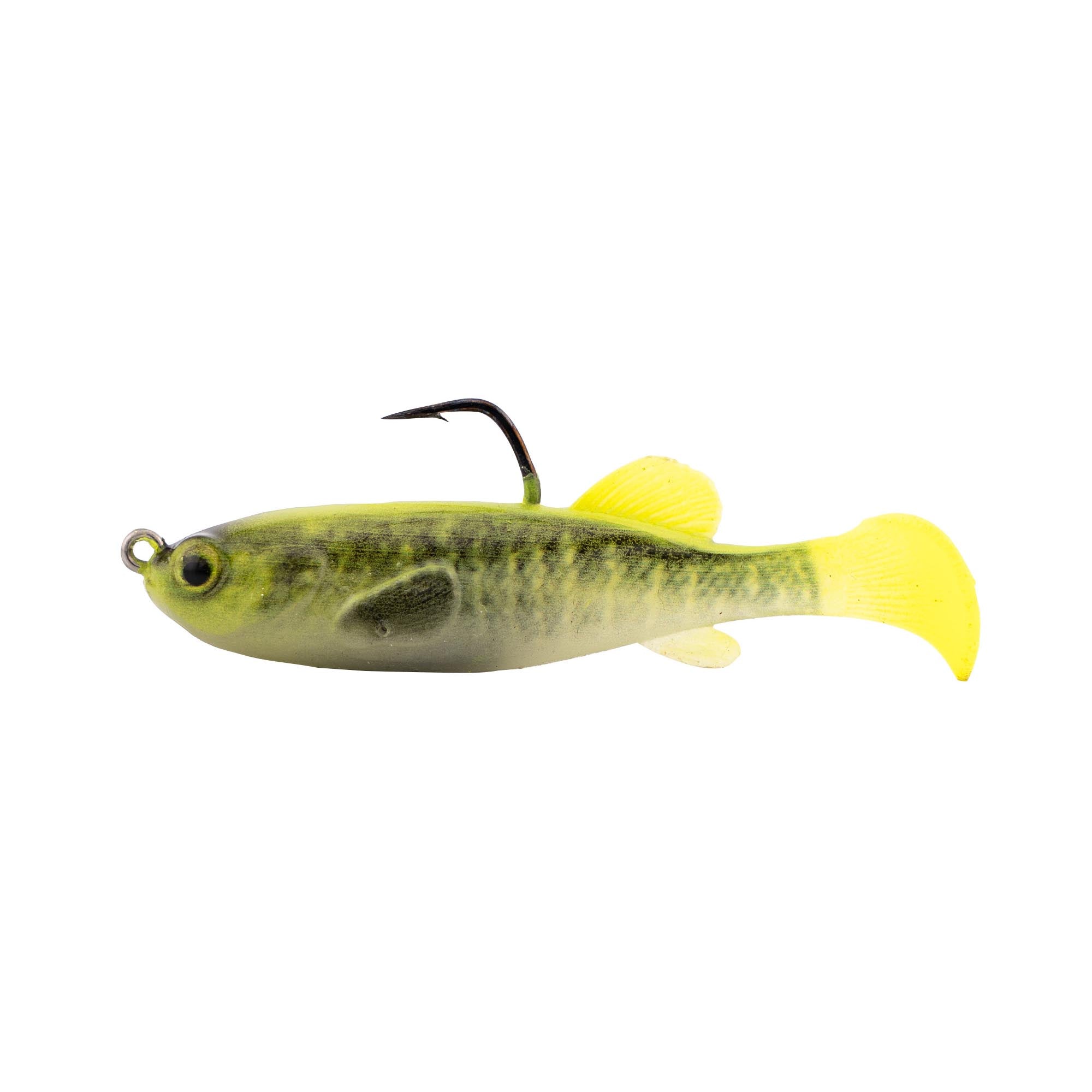 Fishing lure with olive green body and bright yellow tail, hook