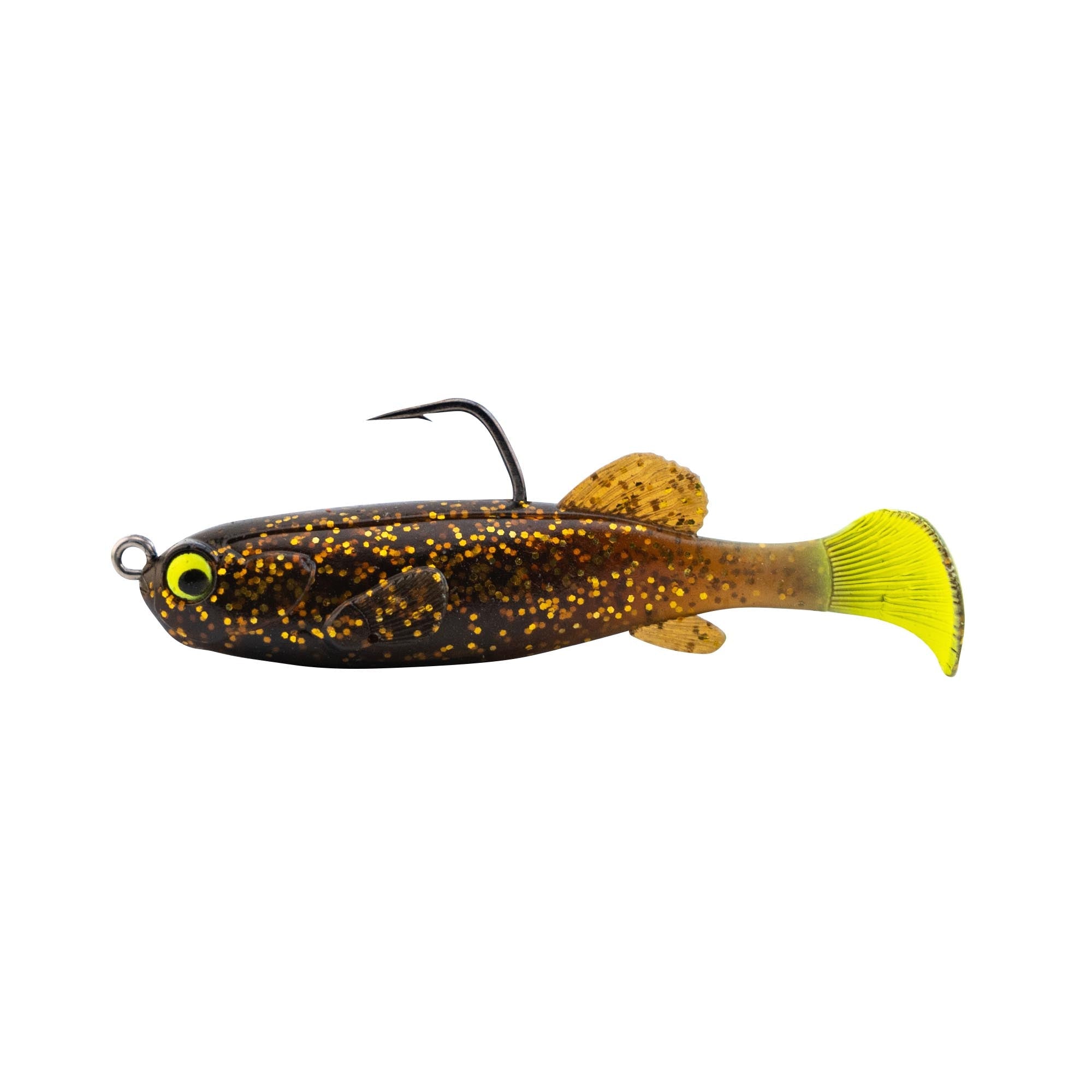 Fishing lure with dark brown speckled body and bright yellow tail, weed guard hook