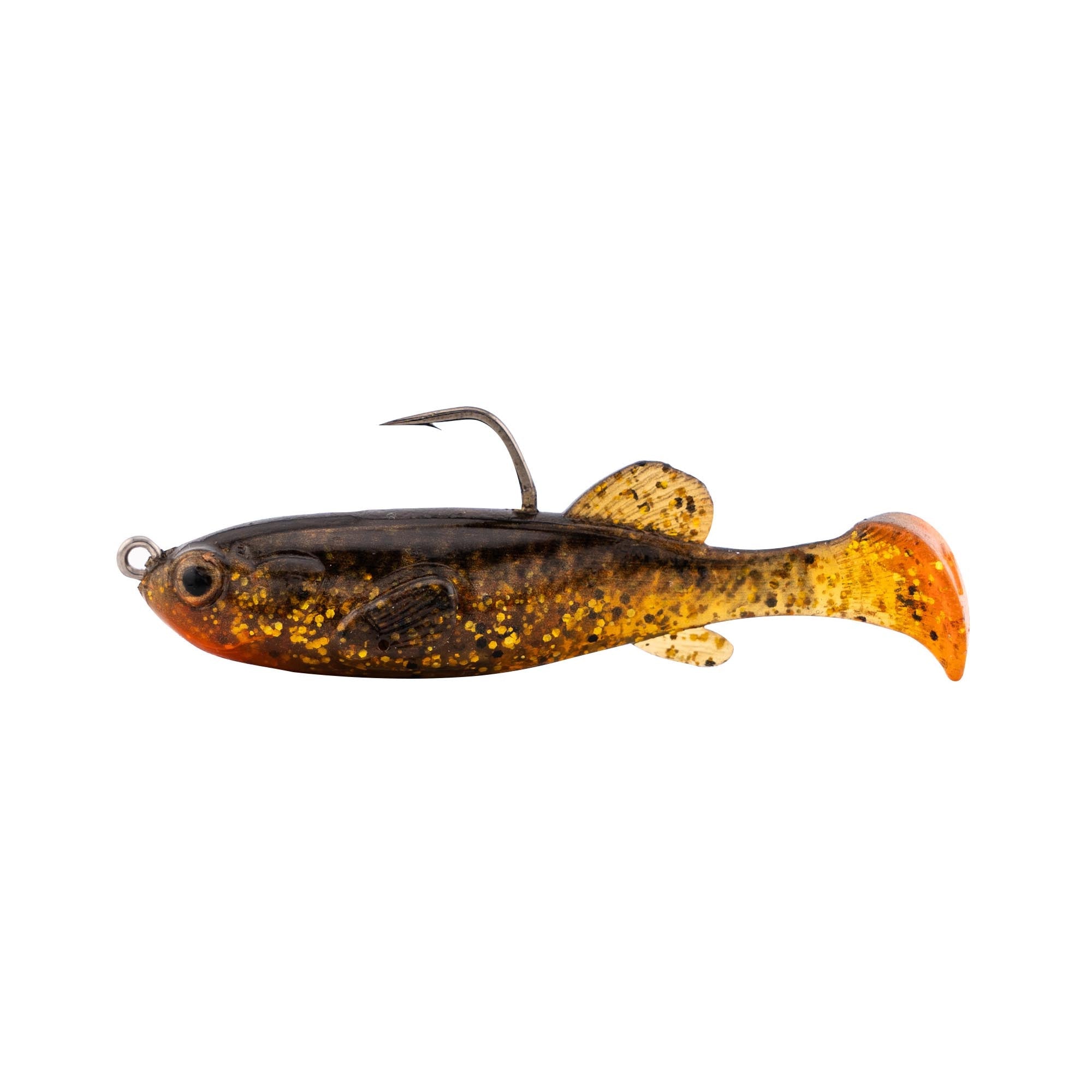 Fishing lure with dark brown glitter body and orange tail, weed guard hook