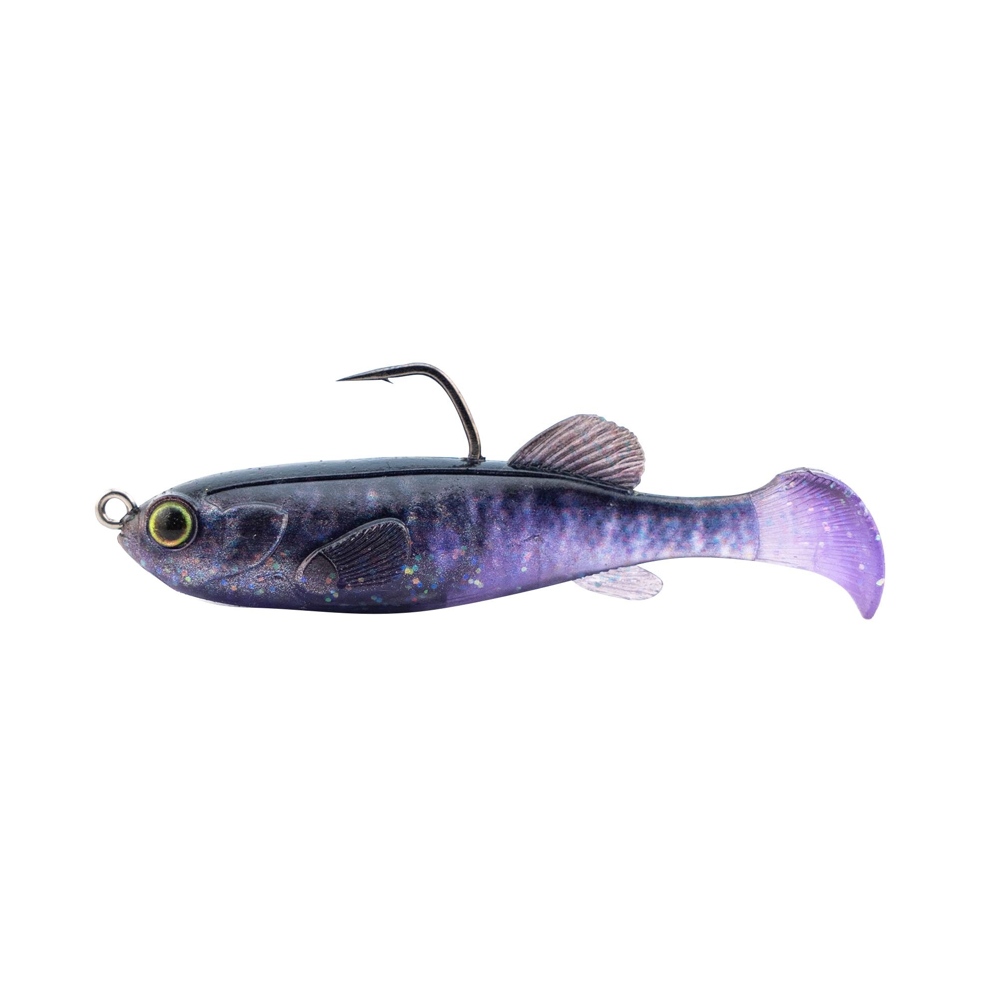 Dark blue fishing lure with purple tint, white tail fin, jig hook, and back fin