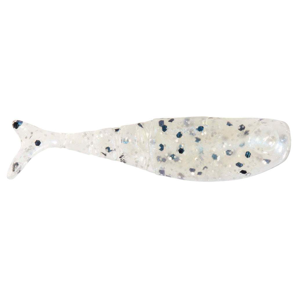 Shad FryZ fishing lure, translucent white with blue speckles and rounded eye