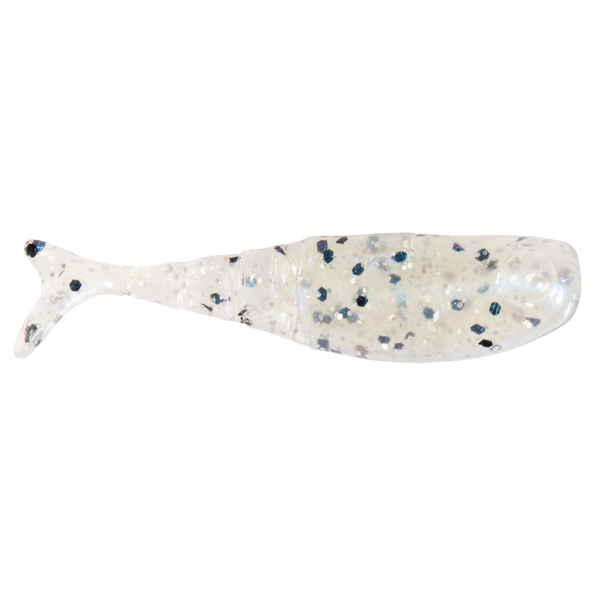 Shad FryZ fishing lure, translucent white with blue speckles and rounded eye