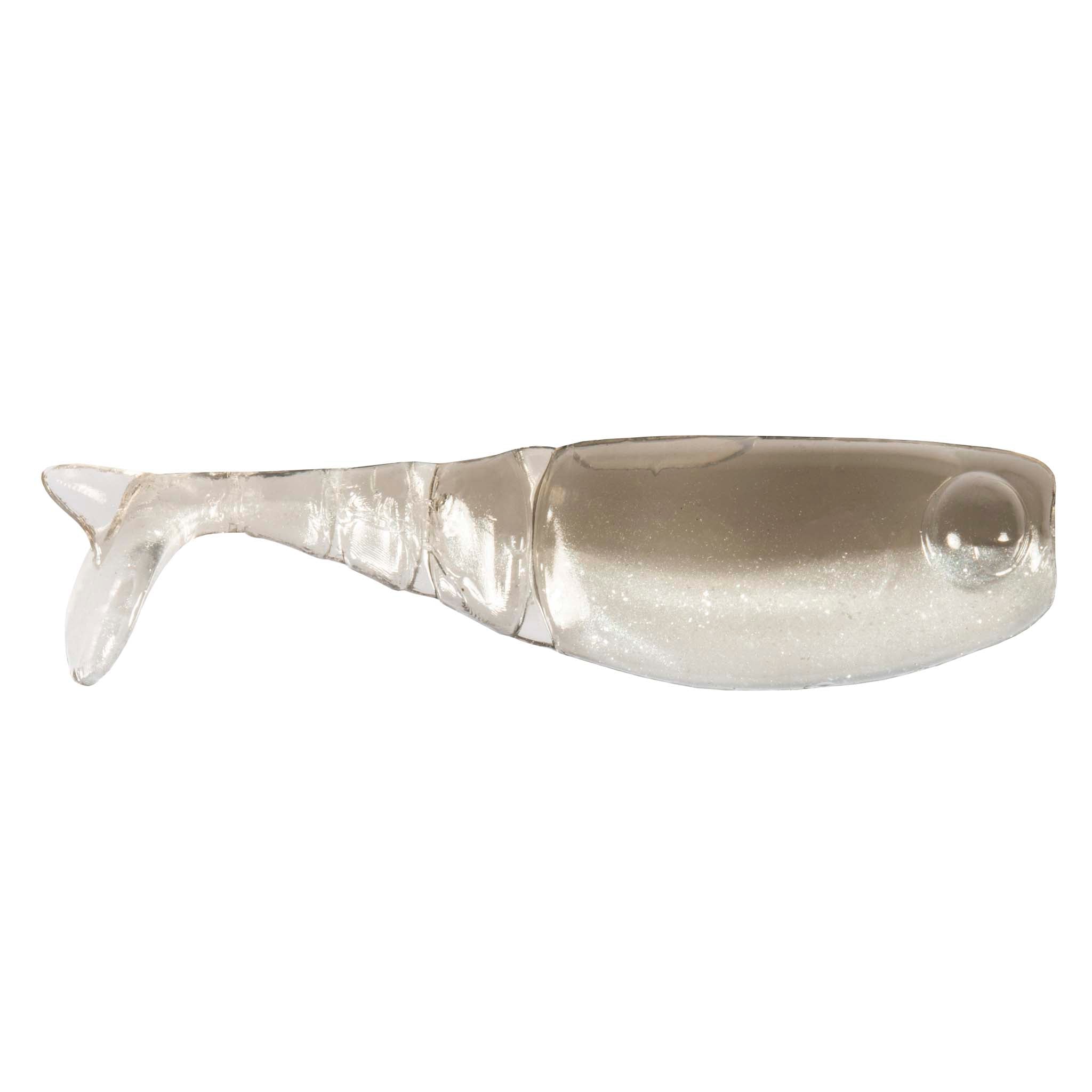 Shad FryZ fishing lure, translucent pearl with pale gray shimmer and round eye