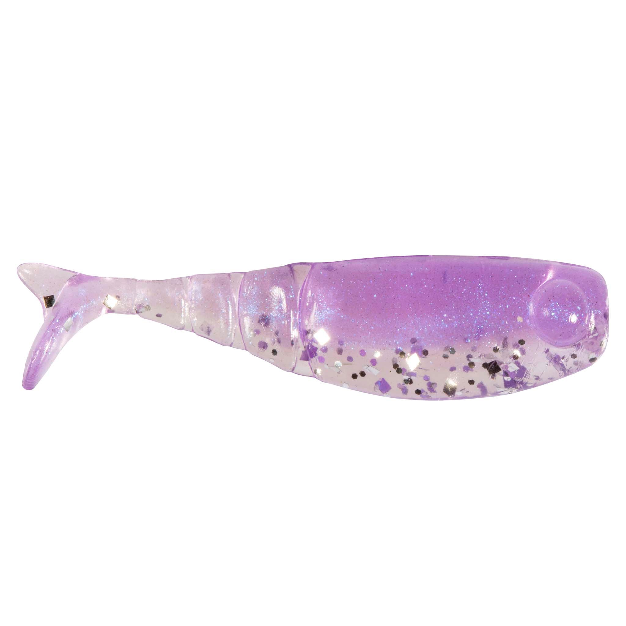 Shad FryZ fishing lure, translucent purple with glitter flecks and round tail eye