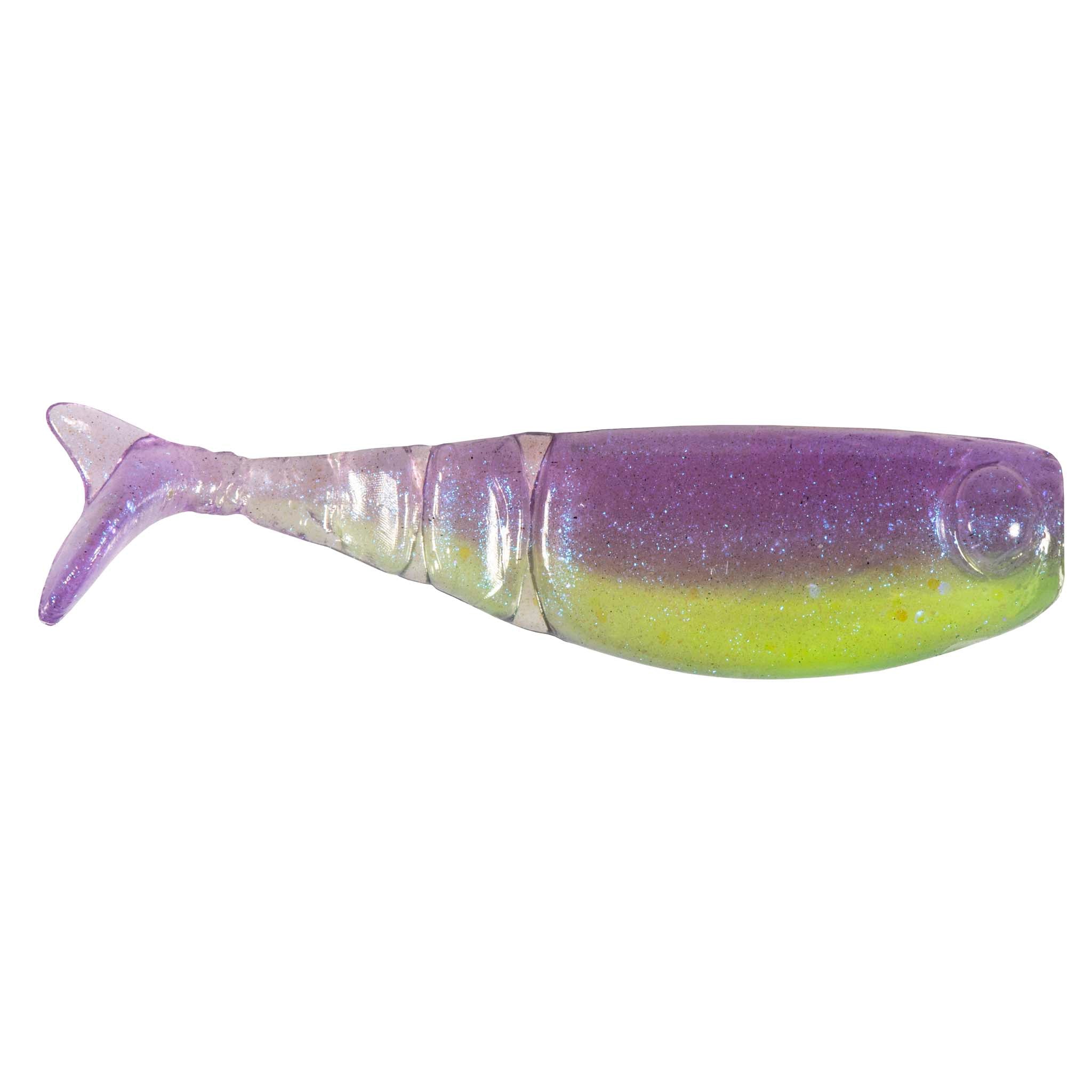 Shad FryZ fishing lure, purple to green gradient with sparkle glitter and round eye