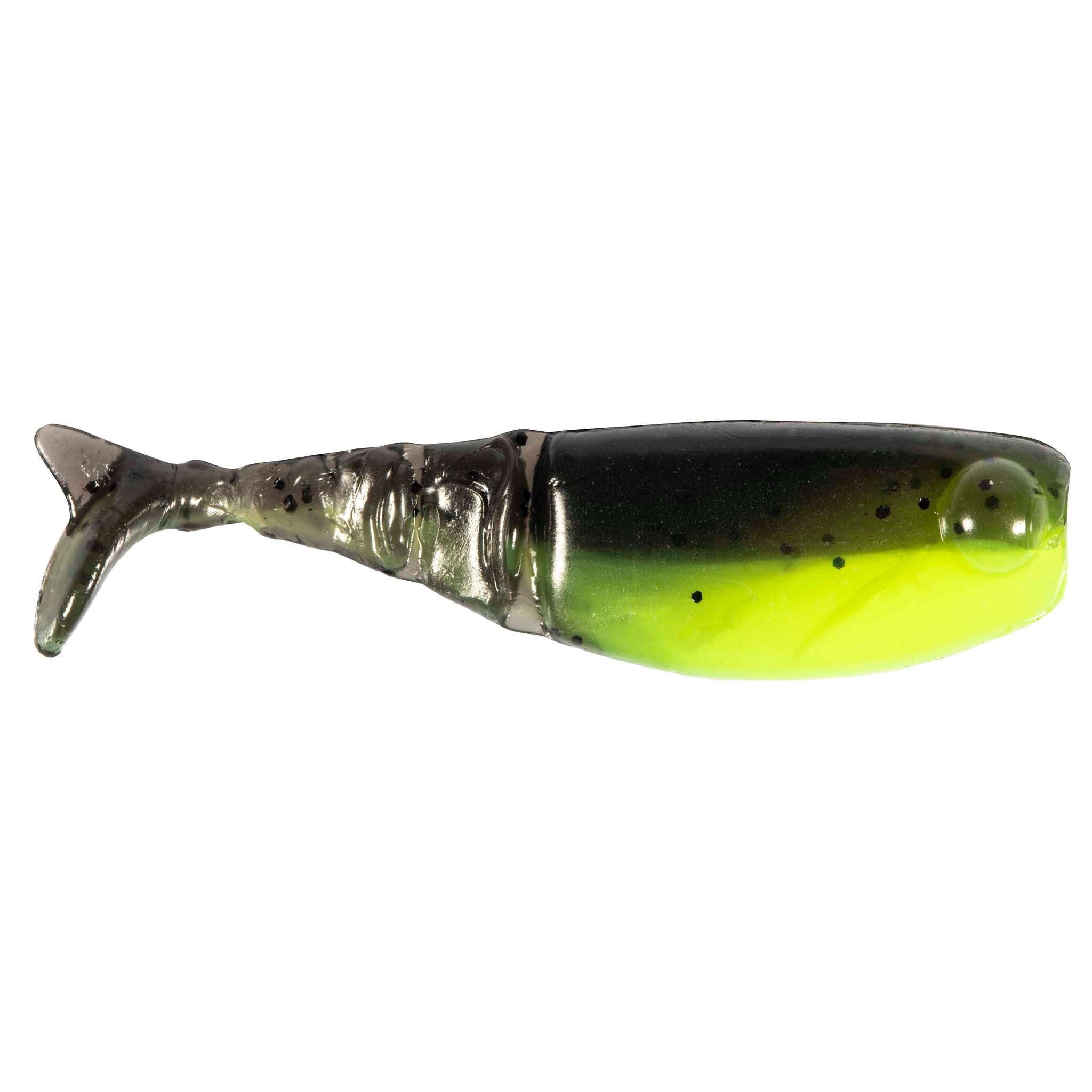 Shad FryZ fishing lure, dark olive with neon chartreuse underside and speckled spots