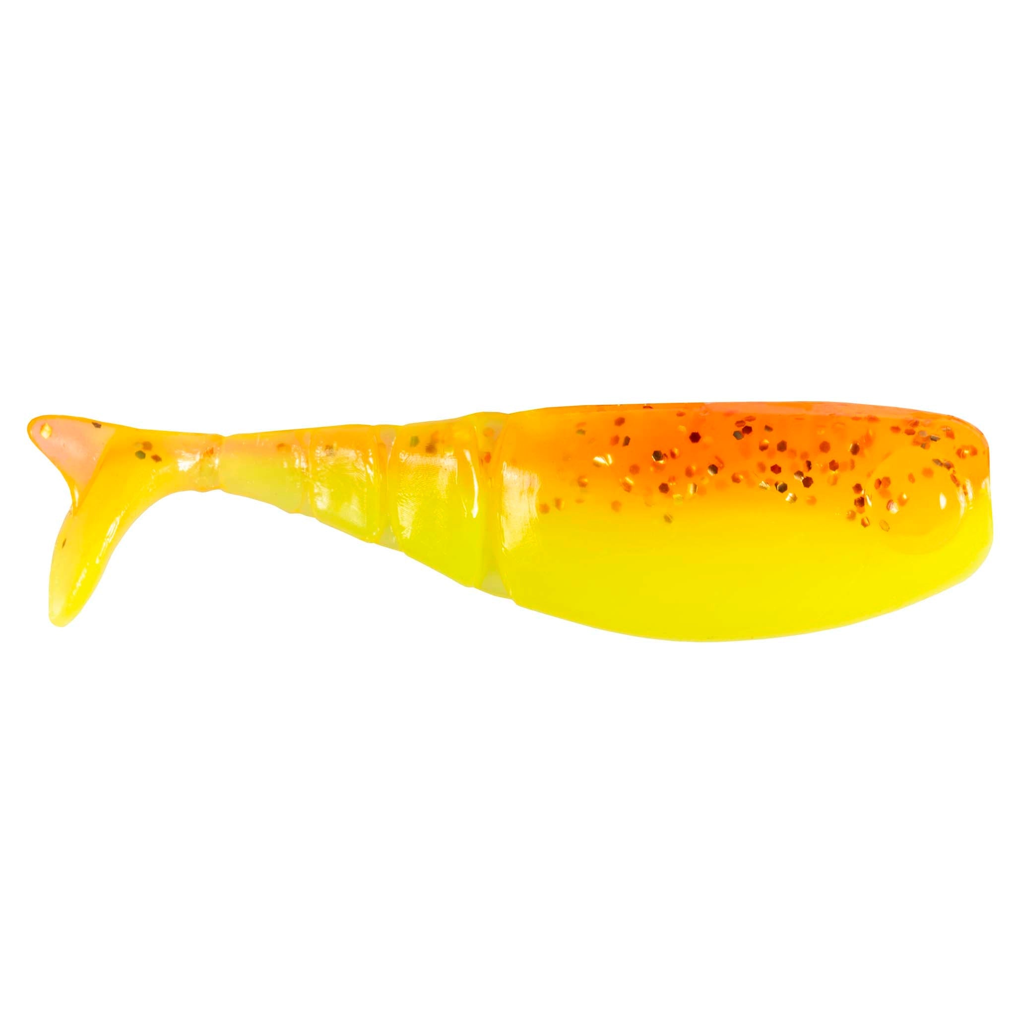 Shad FryZ fishing lure, bright yellow with orange top and scattered dark specks