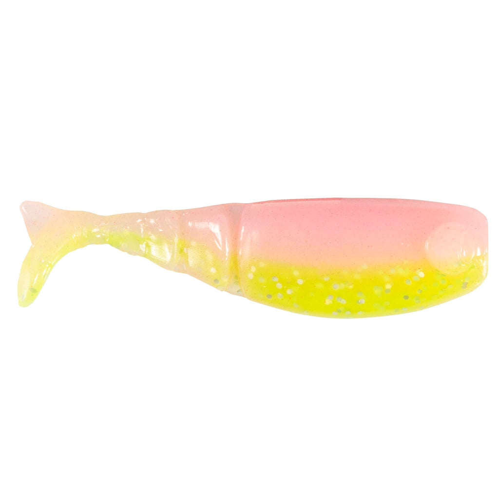 Shad FryZ fishing lure, pink-to-yellow gradient with tiny speckles and glossy body