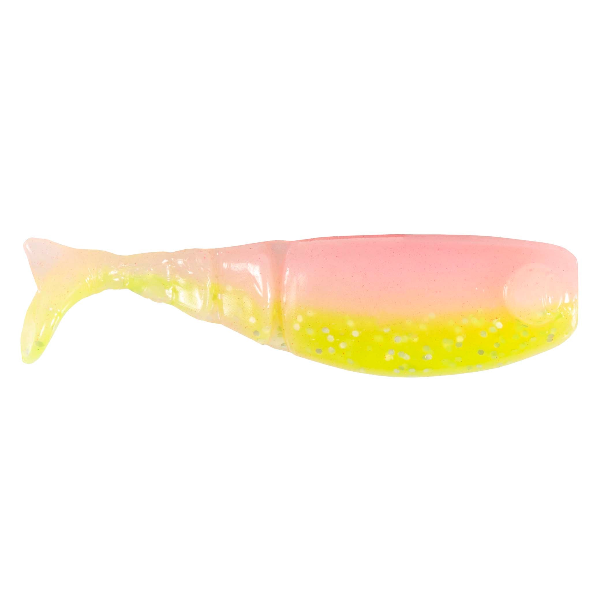 Shad FryZ fishing lure, pink-to-yellow gradient with tiny speckles and glossy body