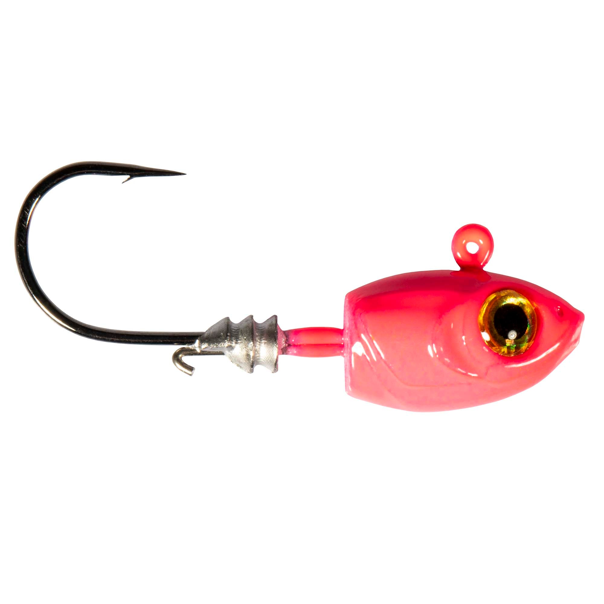 Pink shad fishing jig with single hook and silver star-shaped jighead