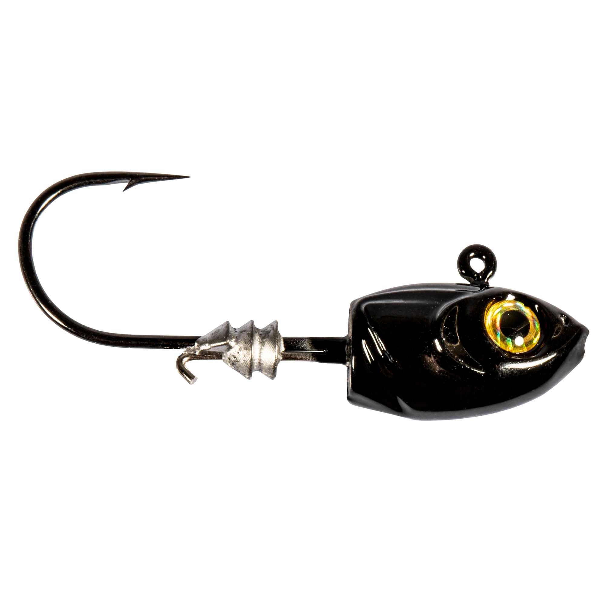 Black shad fishing jig with gold-rim eye, single hook, and silver star-shaped jighead