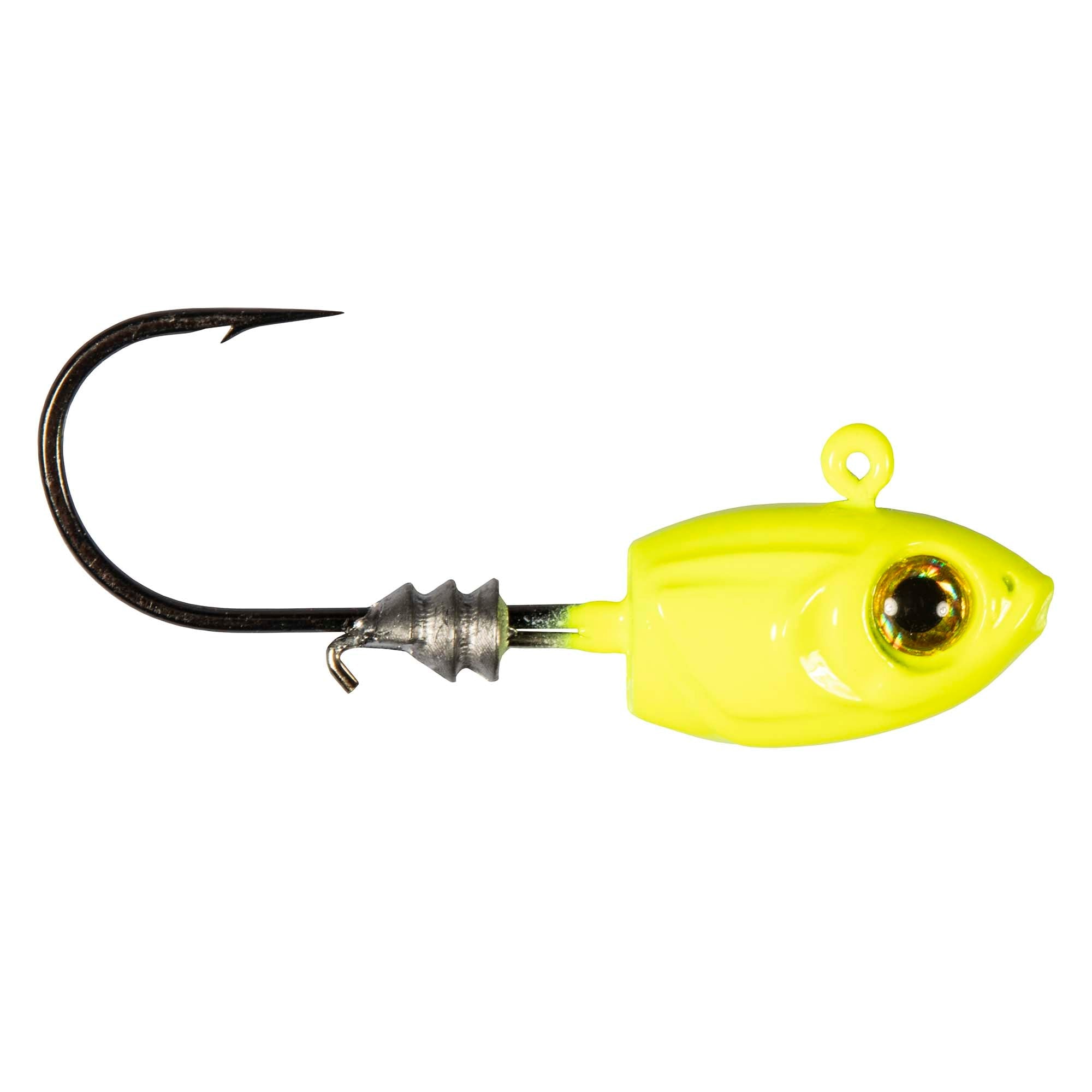 Fish-shaped jig lure with chartreuse body, gold eye, and front hook