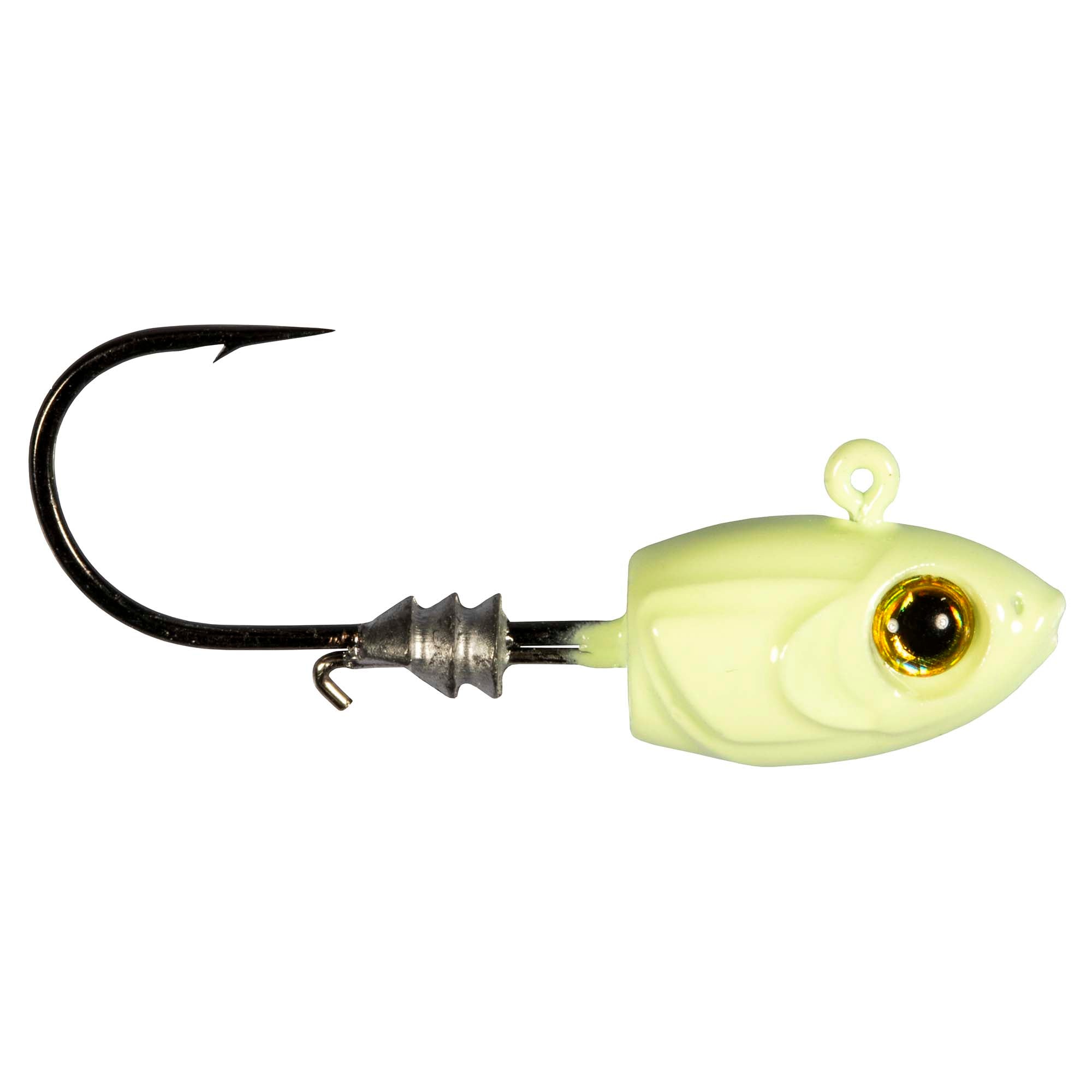 Chartreuse fish jig lure with looped top, gold eye, and hooked shank