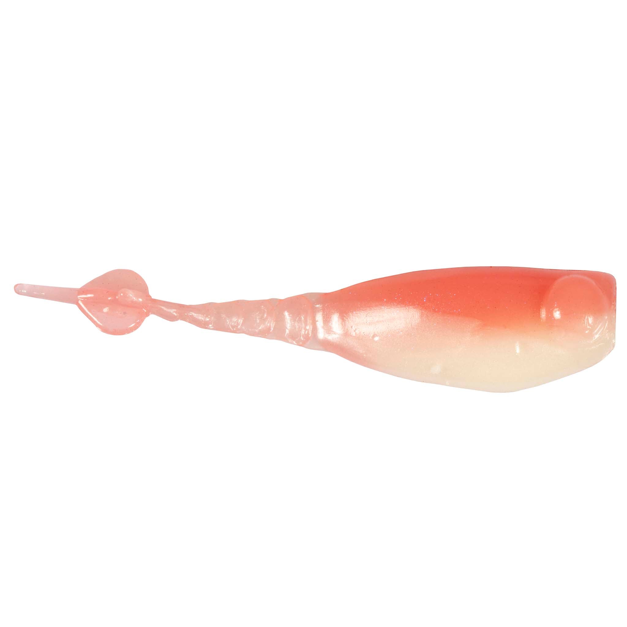 Fishing lure in translucent pink with glossy sheen and tapered tail