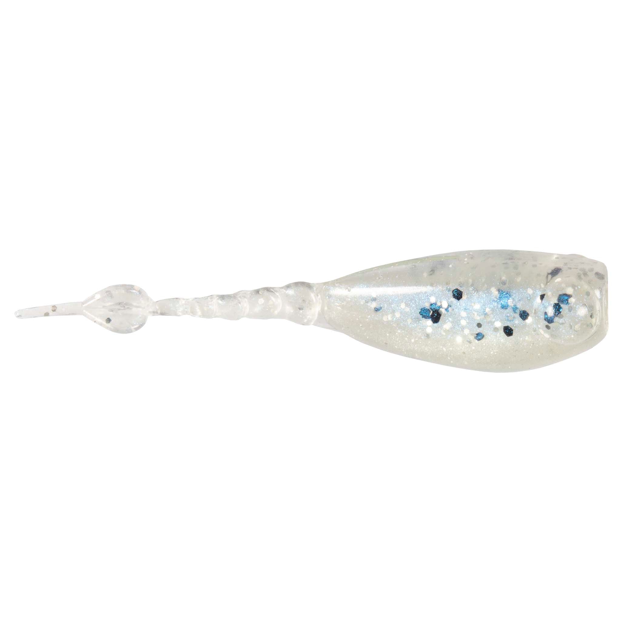 Fishing lure with translucent white body and blue speckles, clear paddle tail