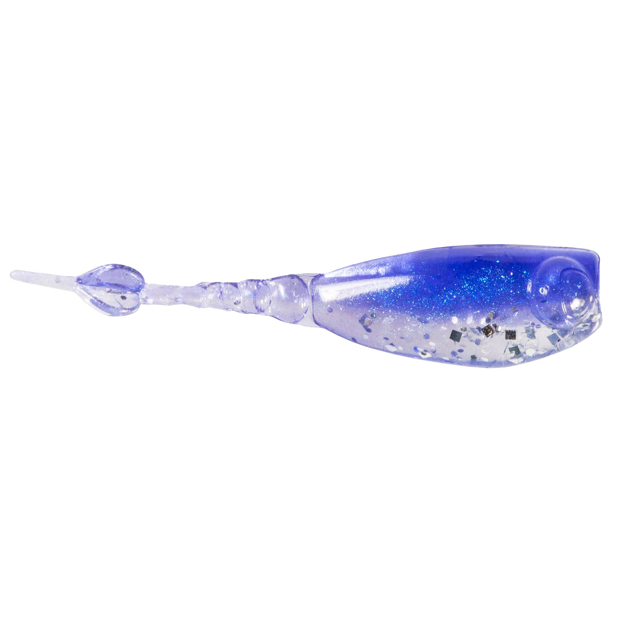 Fishing lure in blue and purple translucent finish with glitter and black specks