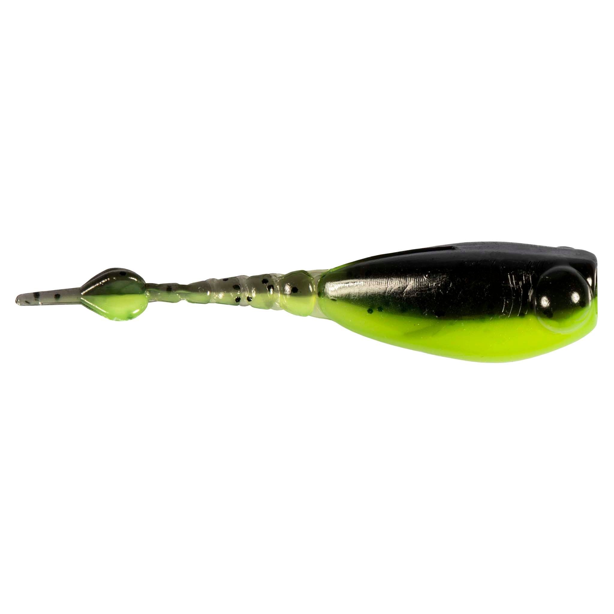 Fishing lure with lime green body and dark charcoal head, speckled along back