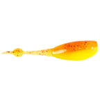 Fishing lure in yellow with orange glow and small black specks, paddle tail