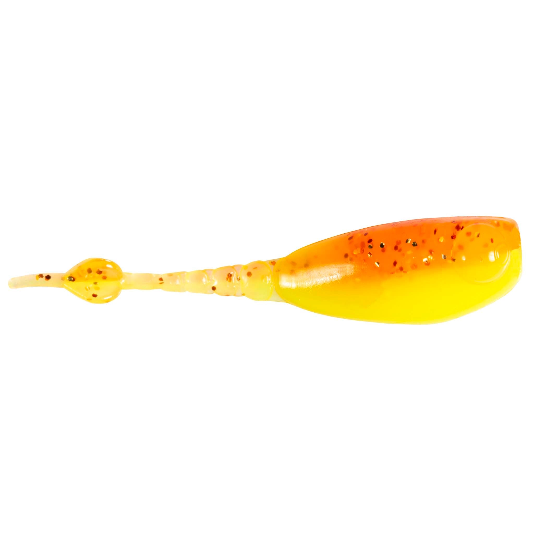 Fishing lure in yellow with orange glow and small black specks, paddle tail