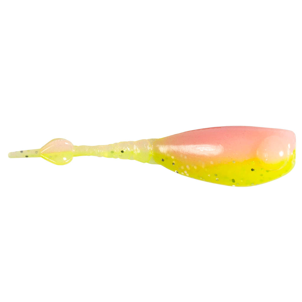 Fishing lure in peach and neon yellow with speckled body and paddle tail