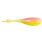Fishing lure in peach and neon yellow with speckled body and paddle tail