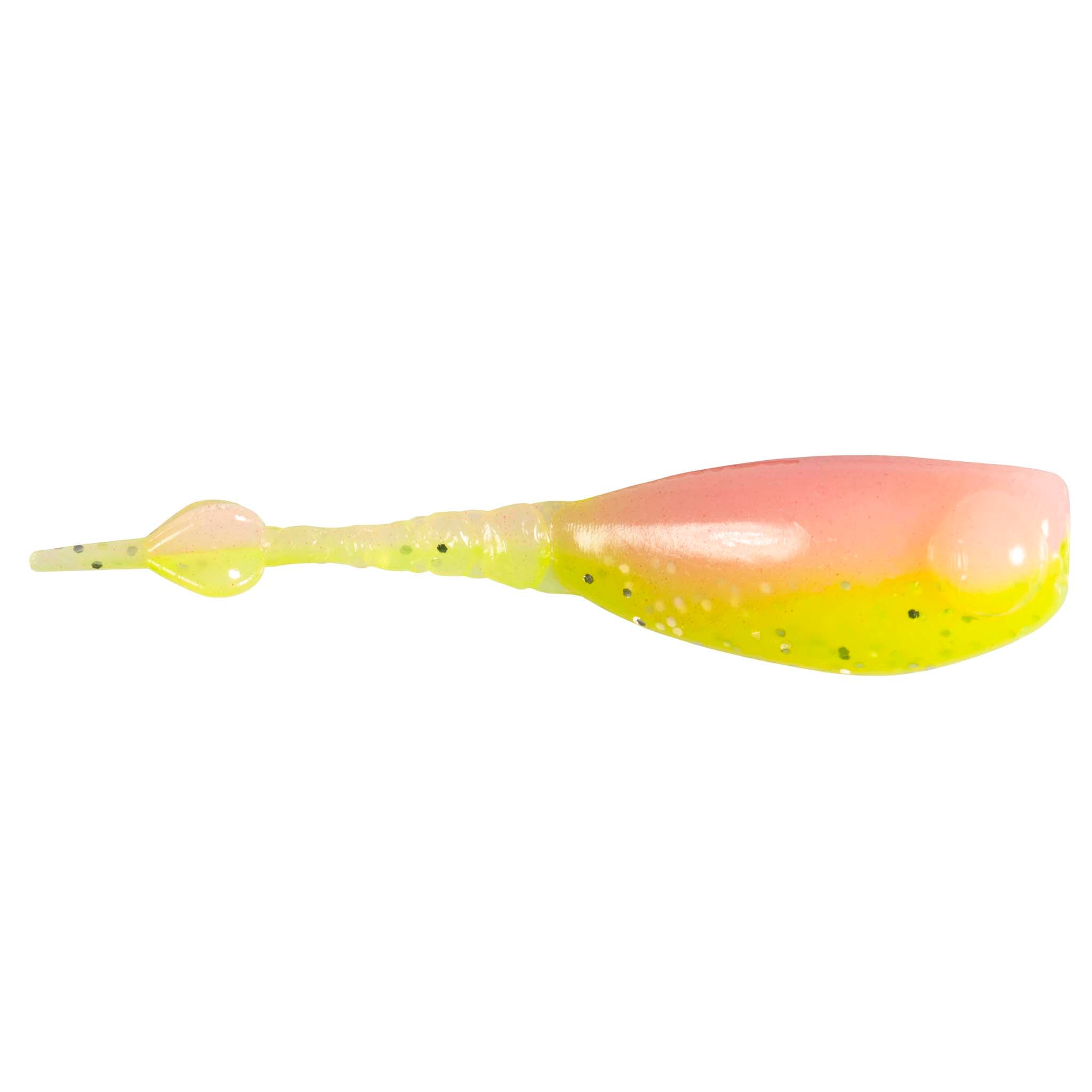 Fishing lure in peach and neon yellow with speckled body and paddle tail