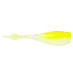 Fishing lure with translucent chartreuse and pale yellow body, smooth paddle tail