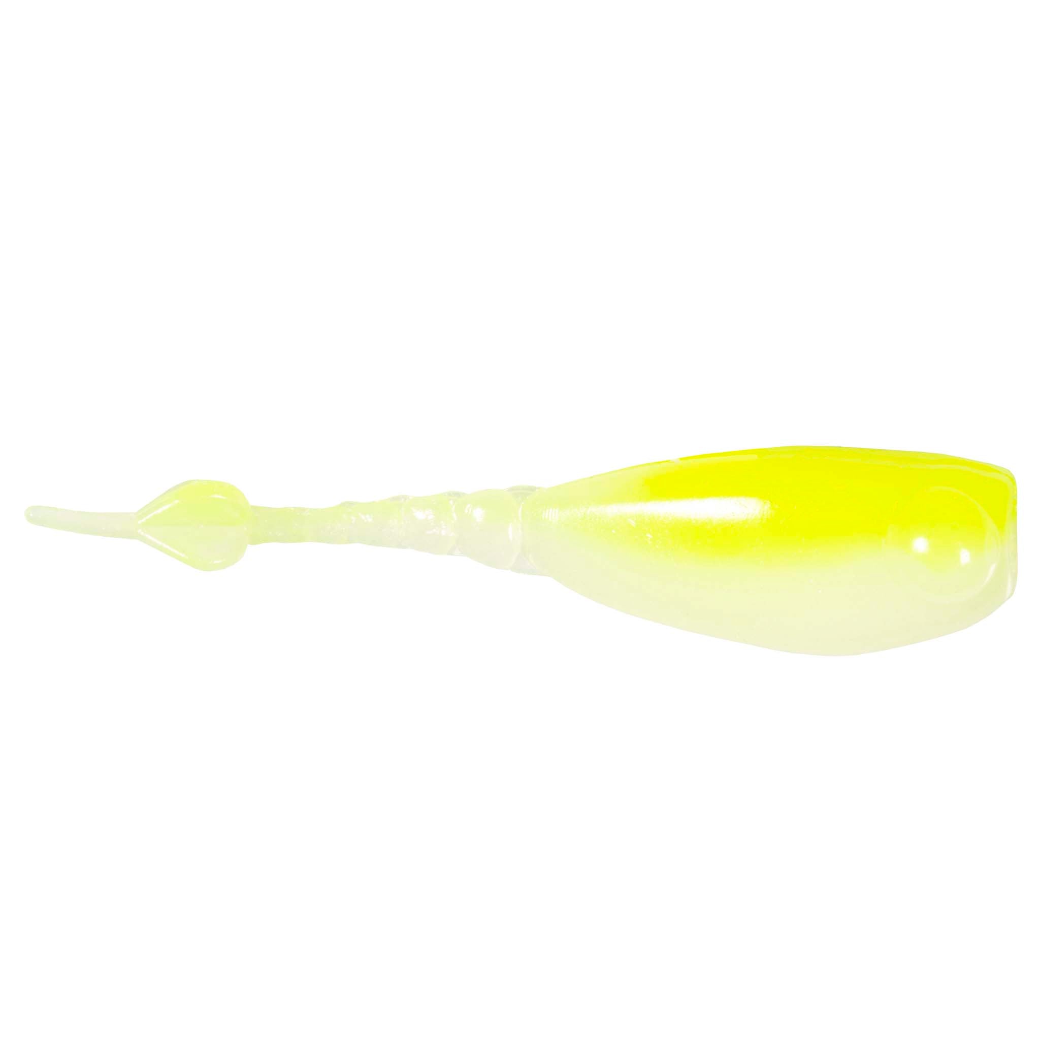 Fishing lure with translucent chartreuse and pale yellow body, smooth paddle tail