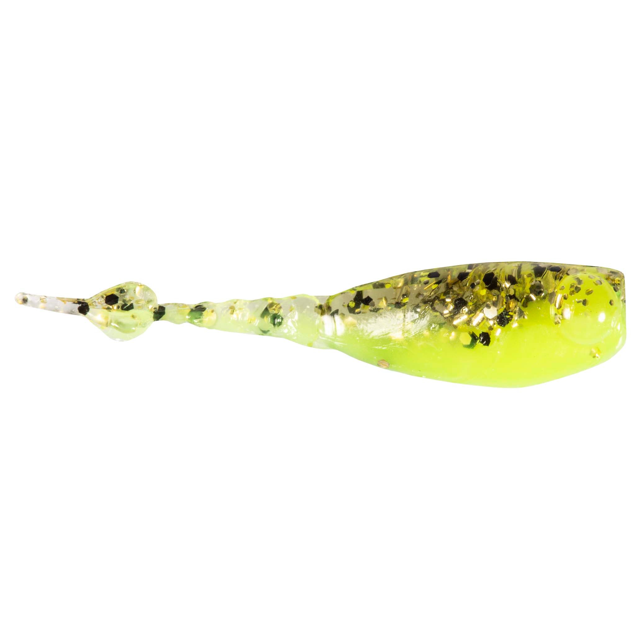 Fishing lure in translucent green chartreuse with gold flecks and paddle tail