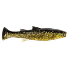 Fishing lure with gold glitter body, dark top, and paddle tail fin