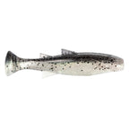 Fishing lure with silver-gray speckled body, dark dorsal markings, and paddle tail fin