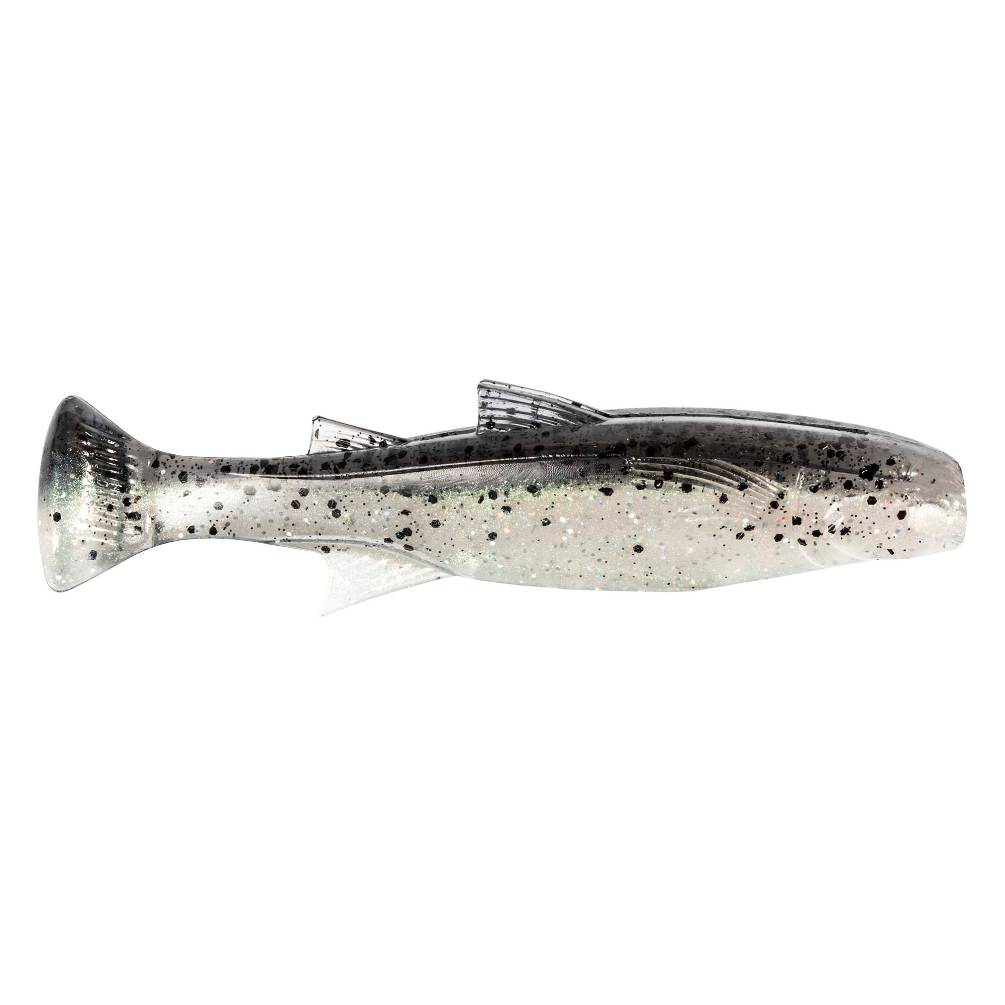 Fishing lure with silver-gray speckled body, dark dorsal markings, and paddle tail fin