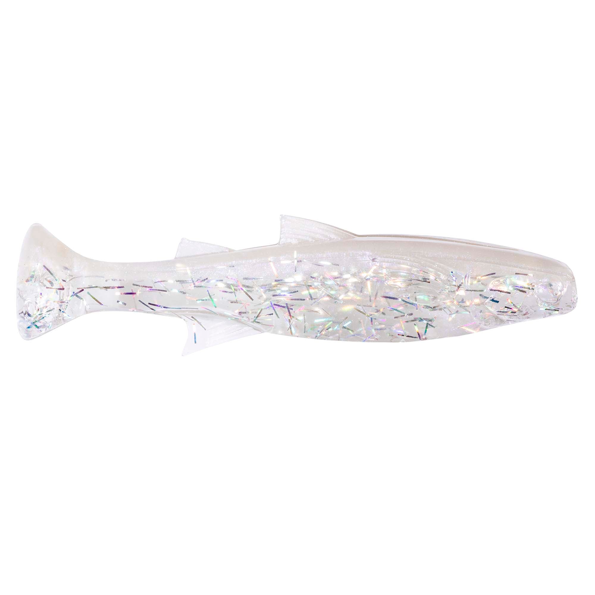 Soft plastic fishing lure with clear white body and iridescent holographic flakes