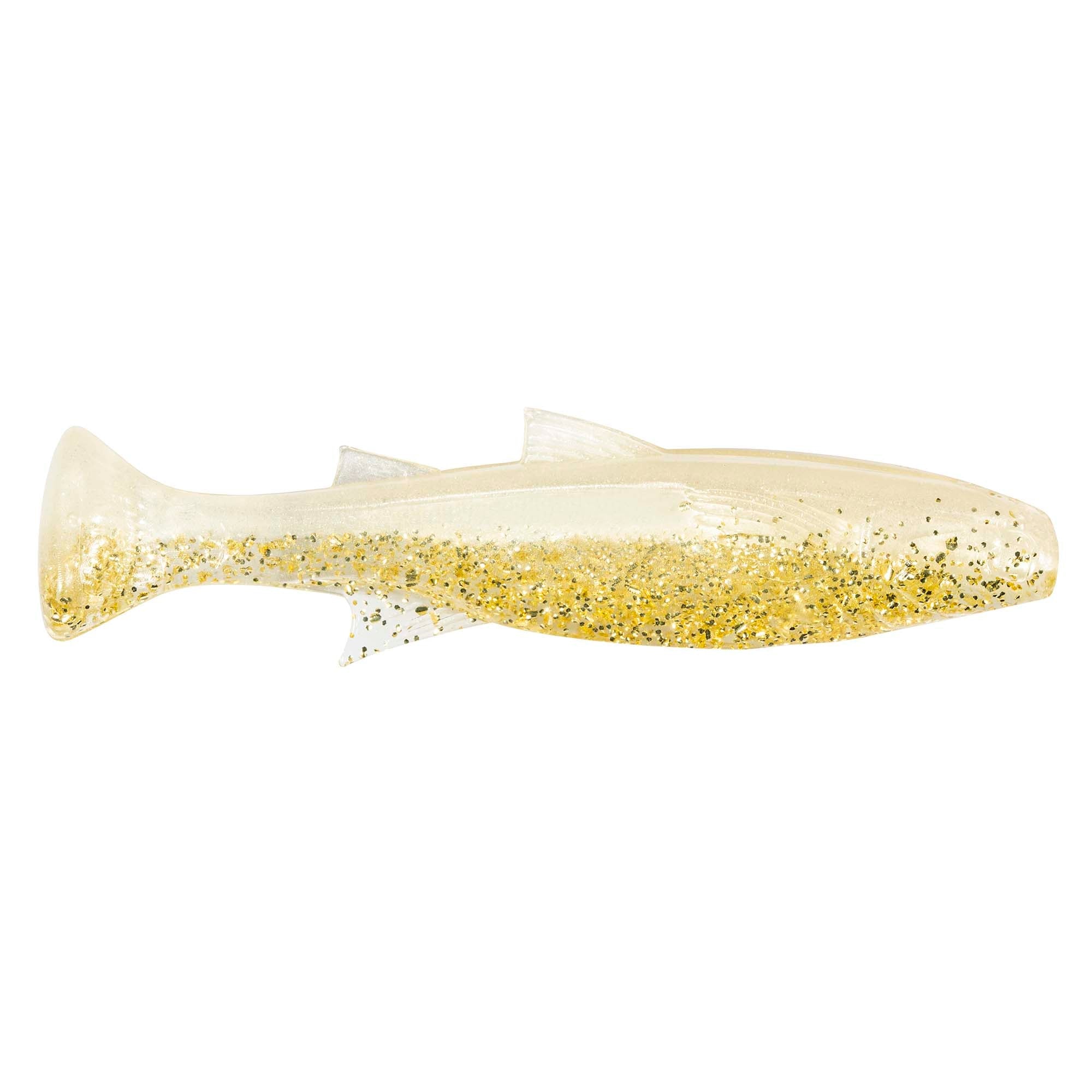 Fishing lure with pale cream body and dense gold glitter along the back