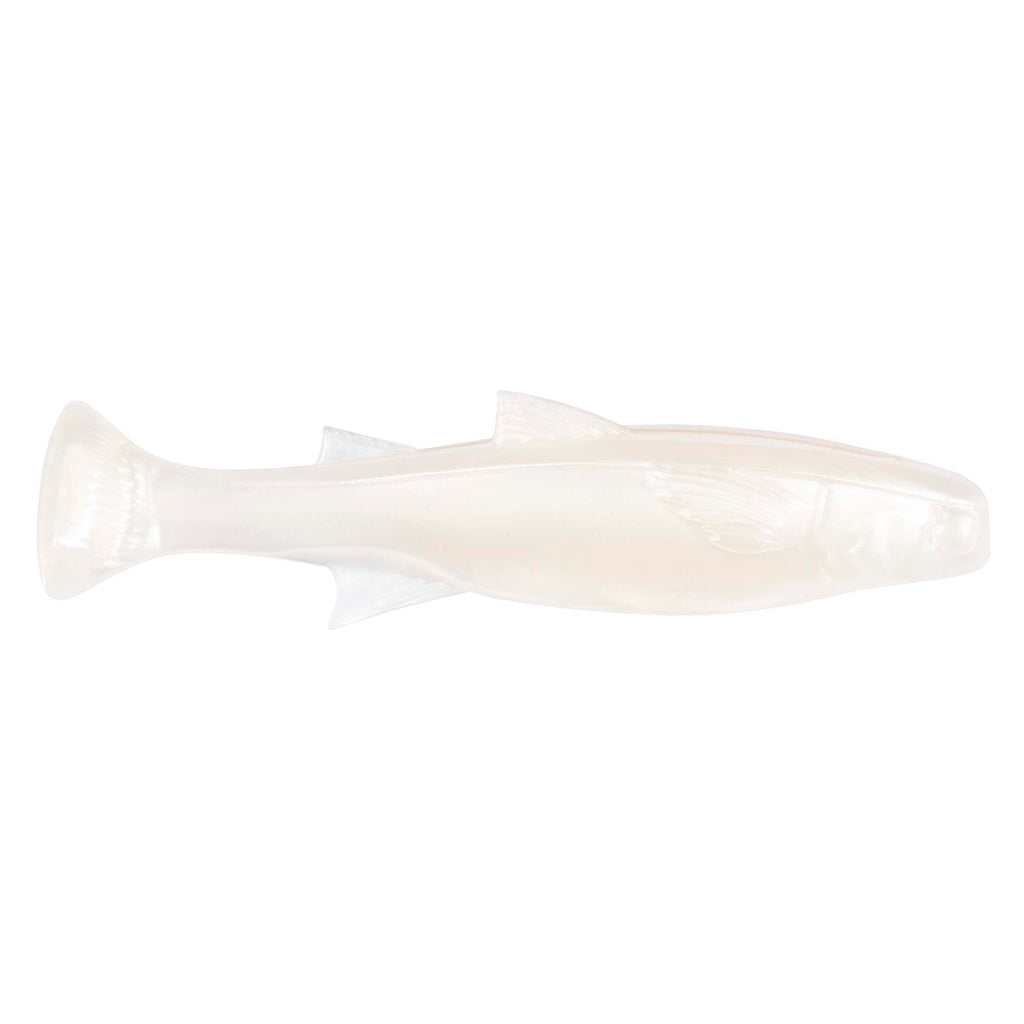 Soft plastic fishing lure with translucent white pearl body and molded fins