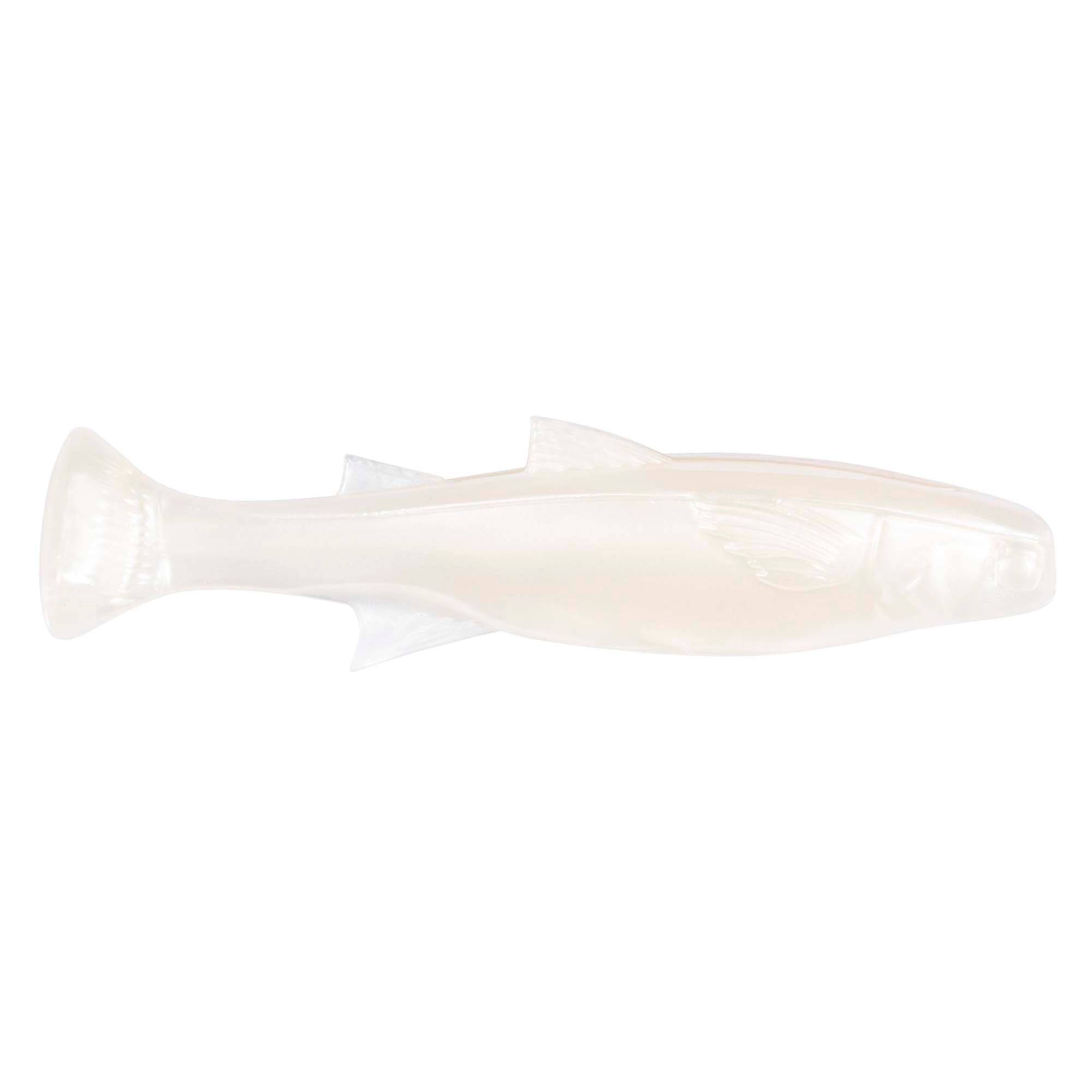Soft plastic fishing lure with translucent white pearl body and molded fins