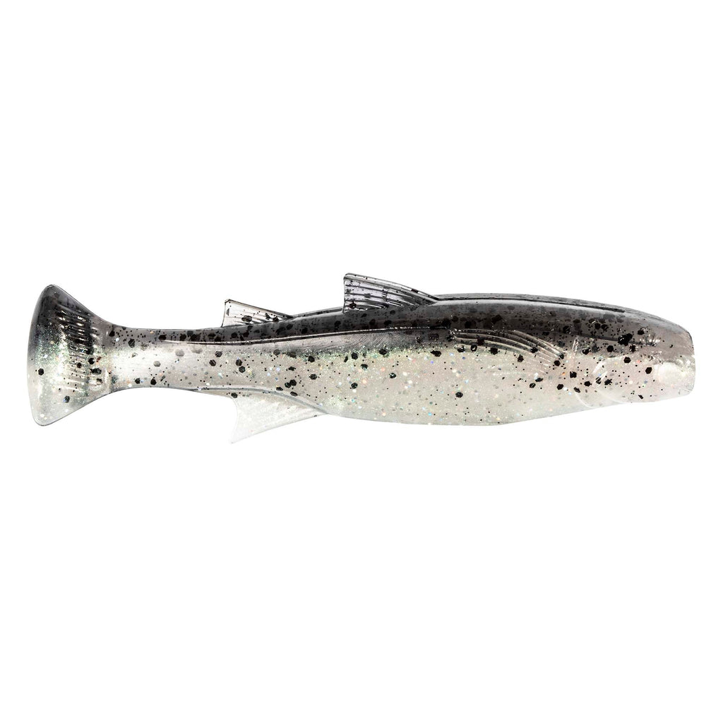 Silver-gray speckled fishing lure with dark top shading and paddle tail fin