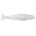 Soft plastic fishing lure with clear white finish and rainbow holographic sparkle