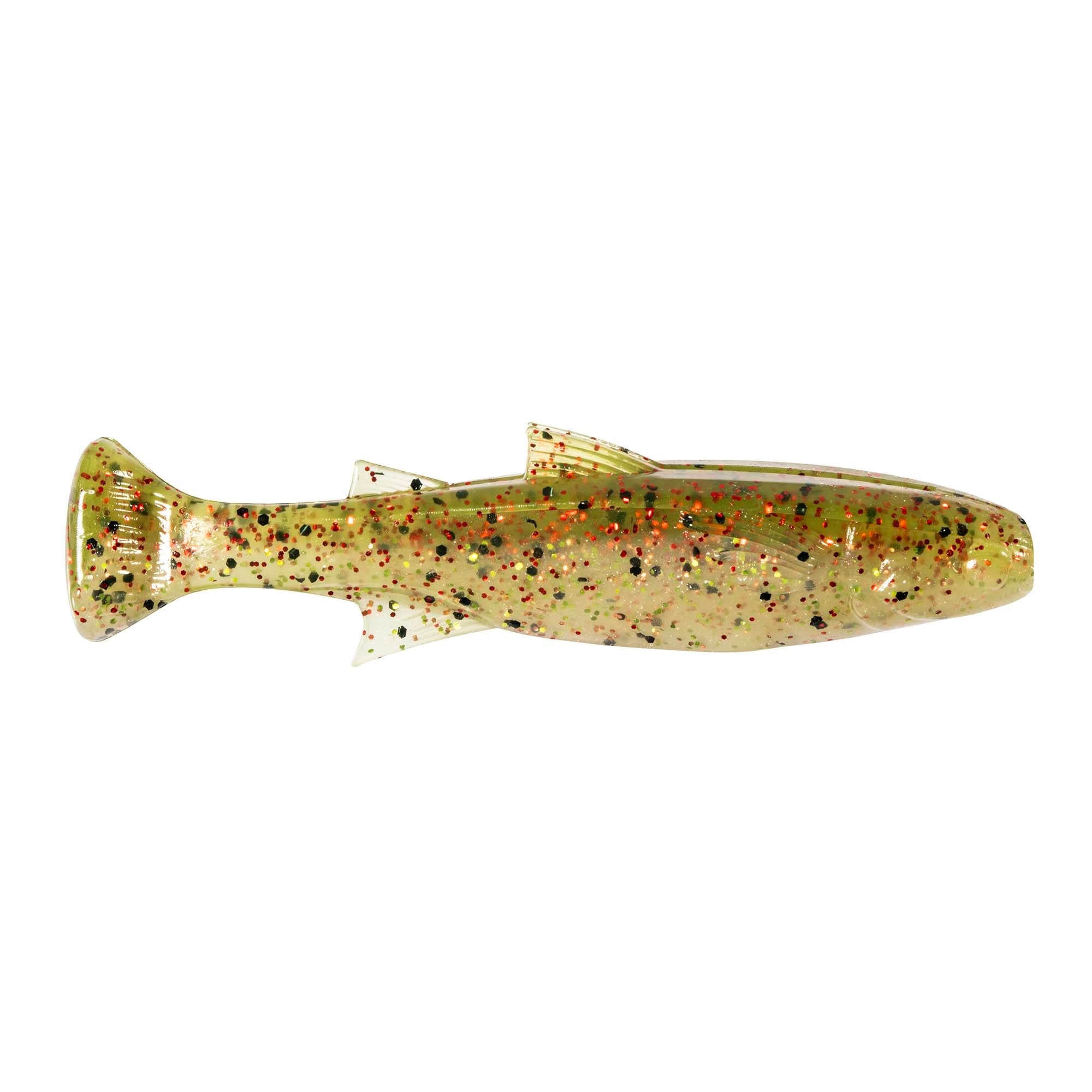 Fishing lure with speckled gold-green body, dark specks, and paddle tail fin