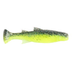 Soft plastic fishing lure in lime green with dark speckled back and split tail