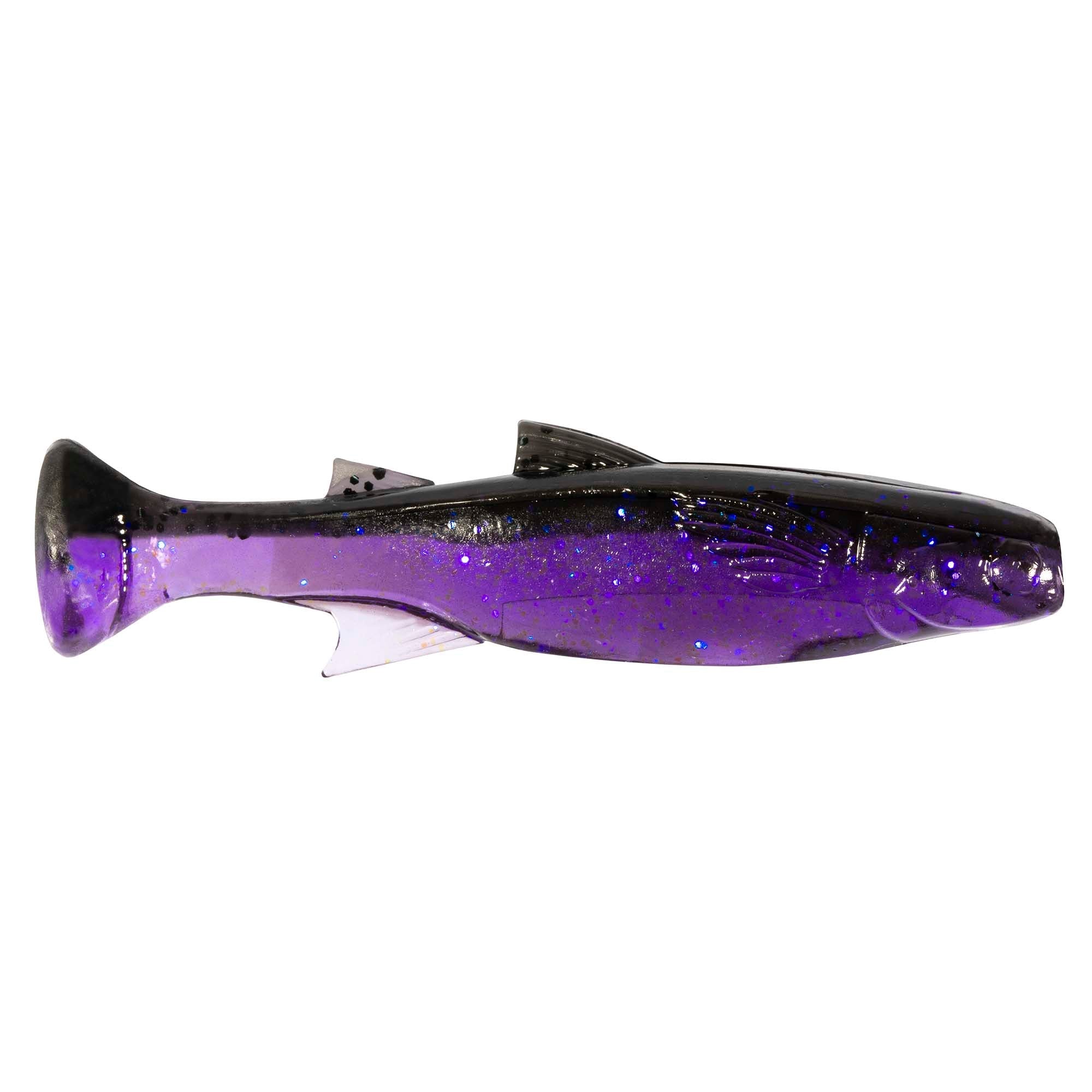 Soft plastic fishing lure with deep purple metallic top and glossy dark underside