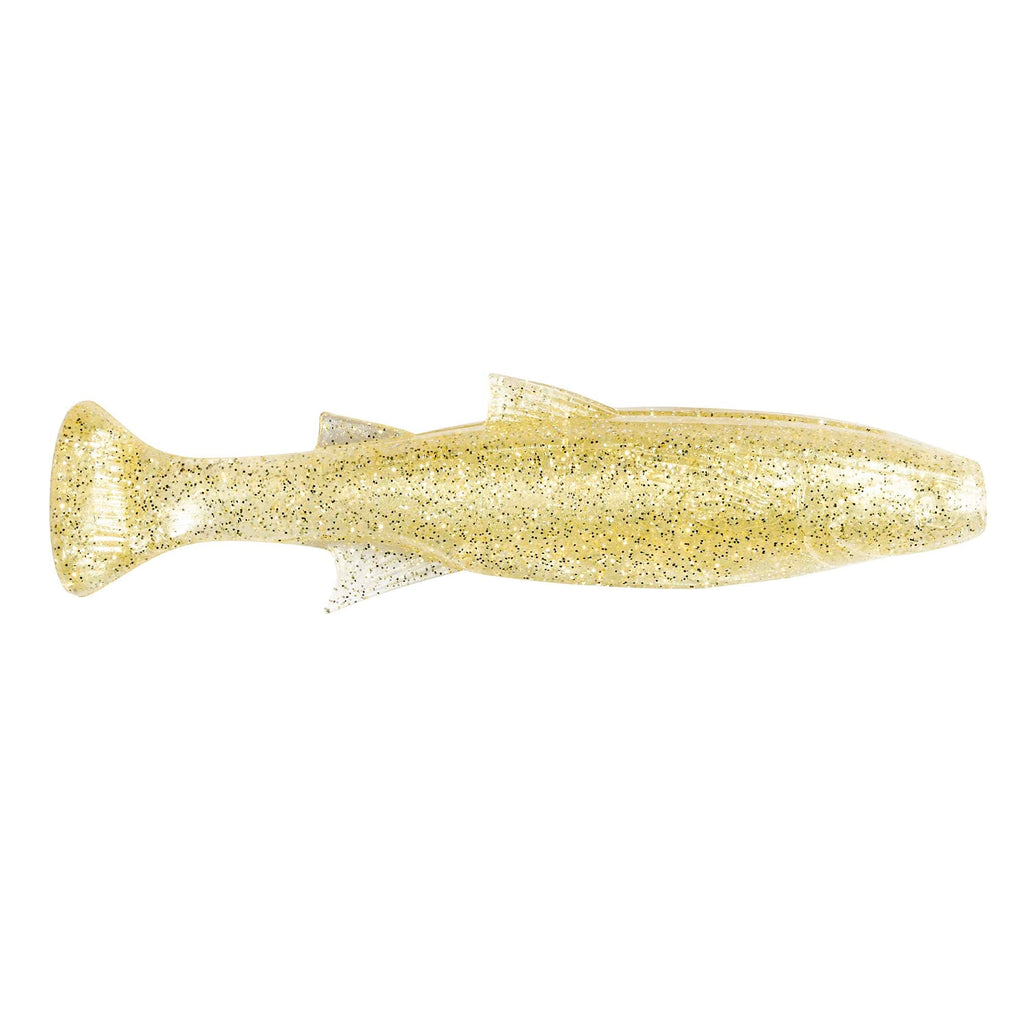 Soft plastic fishing lure with gold glitter body and split tail