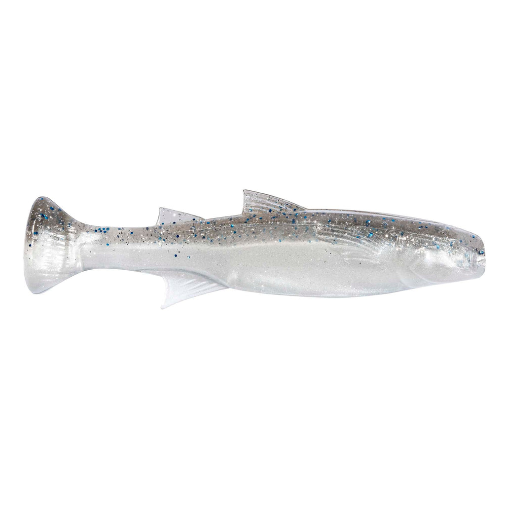 Soft plastic fishing lure with silver-gray body and subtle blue speckles