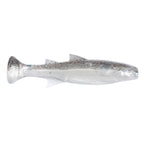 Soft plastic fishing lure with silver-gray body and subtle blue speckles