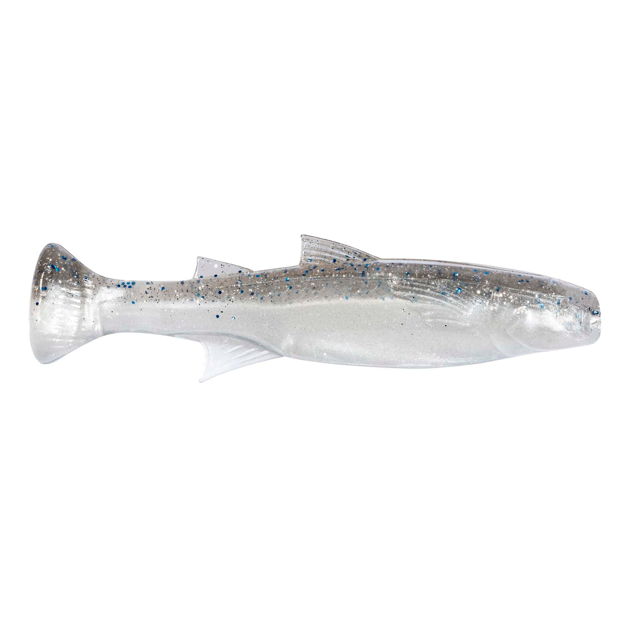 Soft plastic fishing lure with silver-gray body and subtle blue speckles