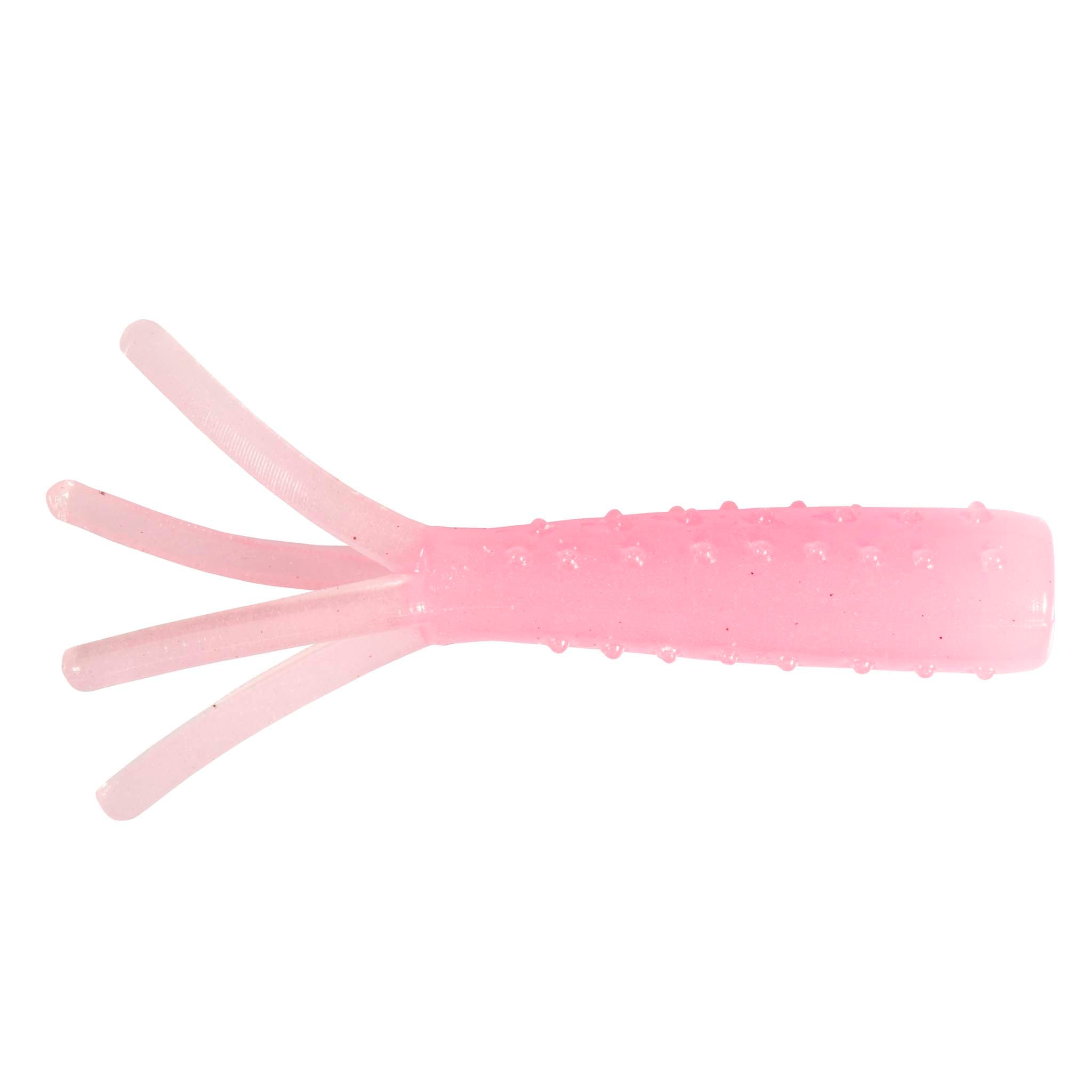 Pink soft plastic fishing lure with translucent body and five tentacle tail fins