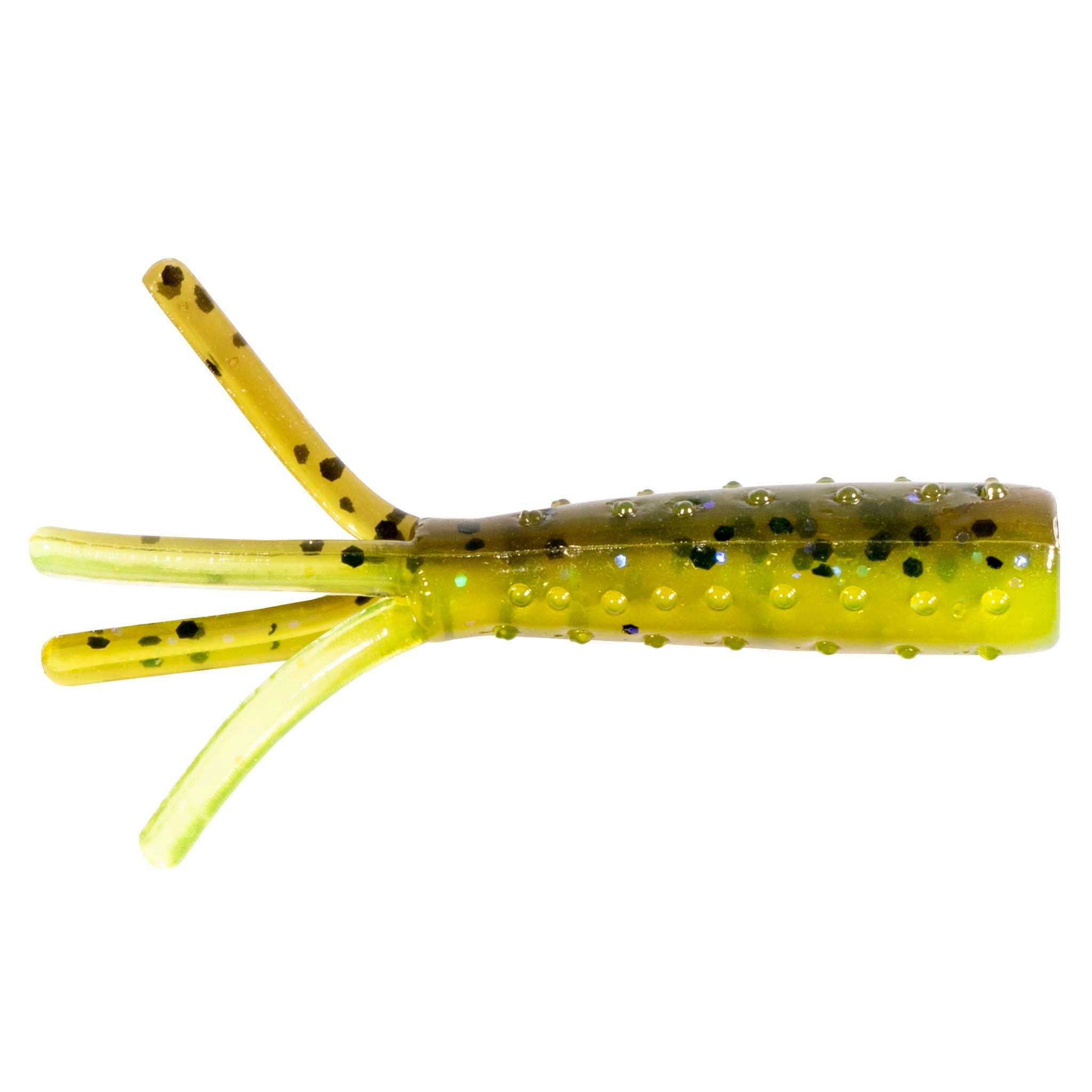 Green soft plastic fishing lure with black speckles and yellow tipped tentacle tails