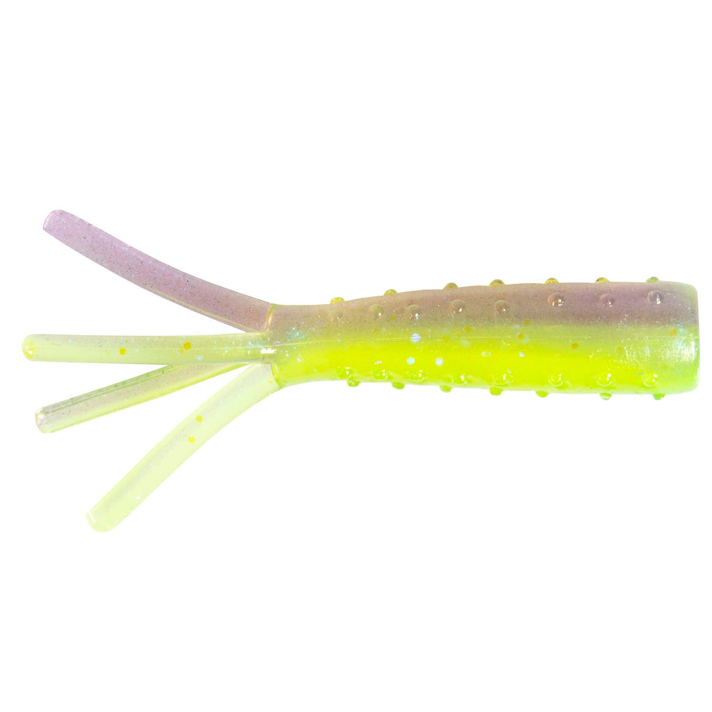 Glow-style soft plastic fishing lure with lime green body and purple tail