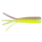 Glow-style soft plastic fishing lure with lime green body and purple tail